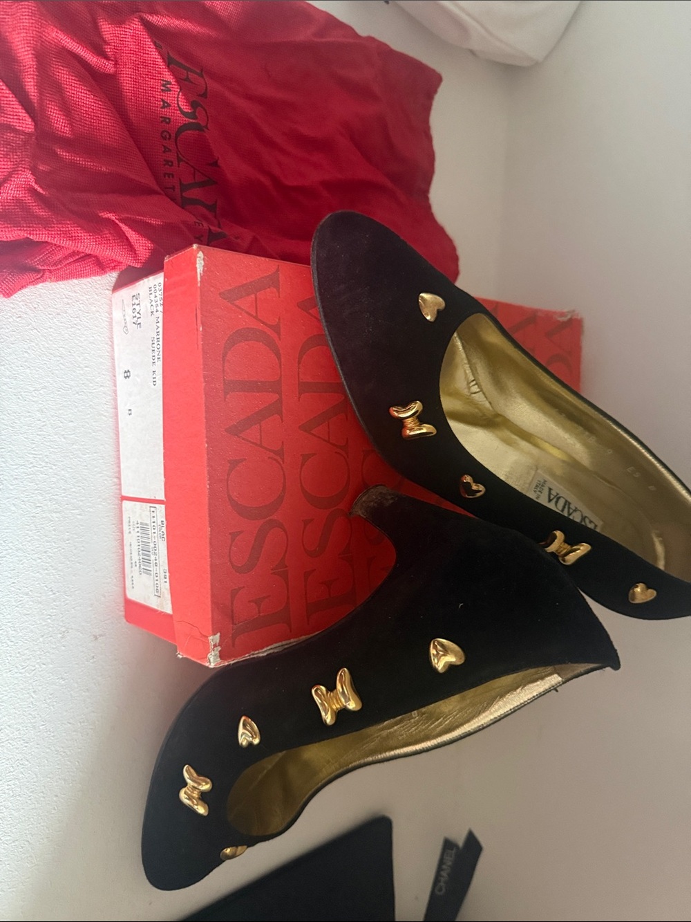 Escada Black Suede Pumps with Gold Heart & Butterfly Accents